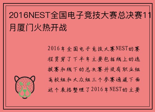 2016NEST全国电子竞技大赛总决赛11月厦门火热开战
